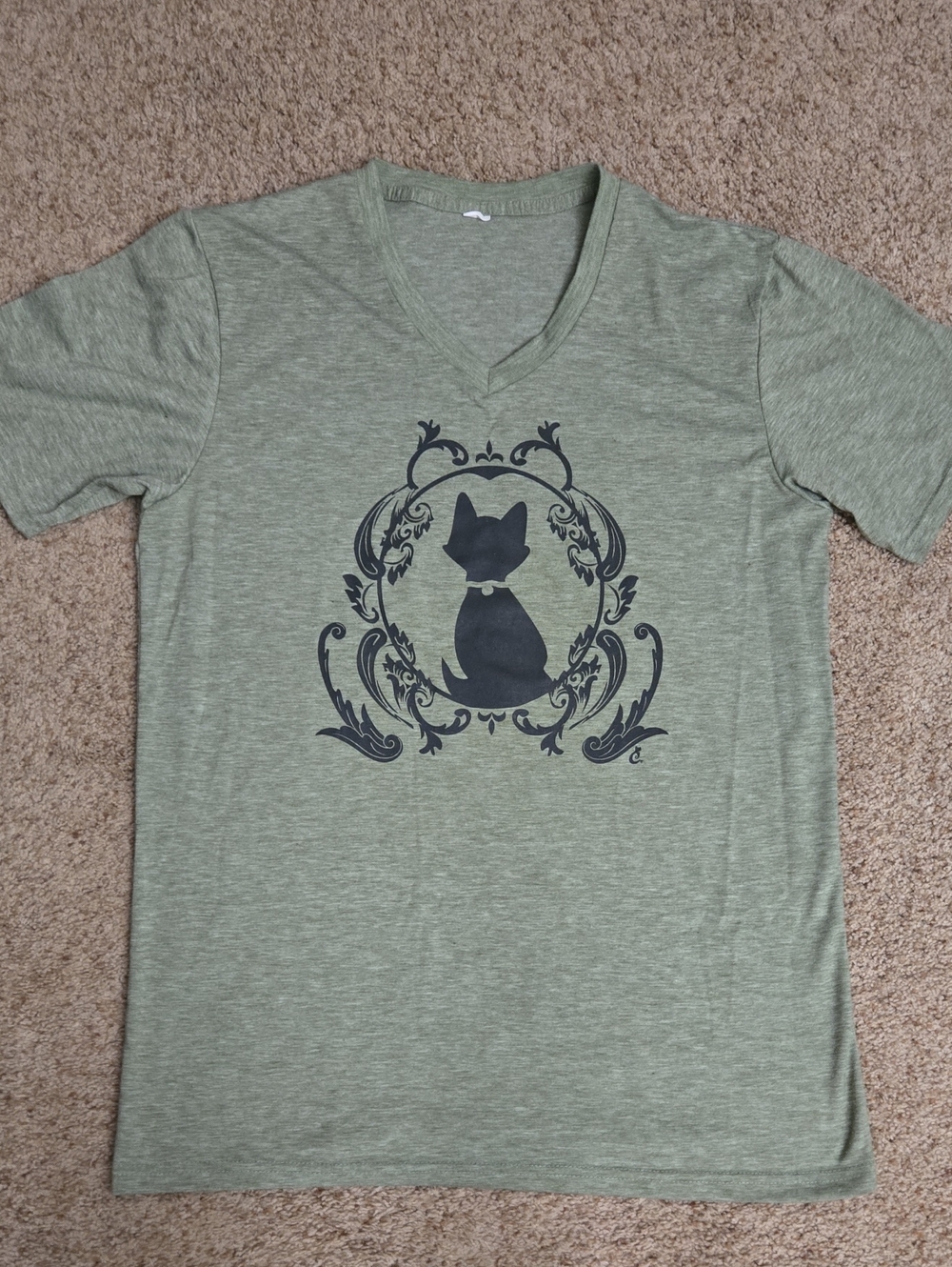 Unbranded Green Cat Silhouette V-Neck T-Shirt for Cat Lovers Womens Size L